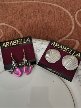 Vtg Set Of 2 Arabella Mermaid Dangle Shell Stud Earrings Made in USA Stock Out